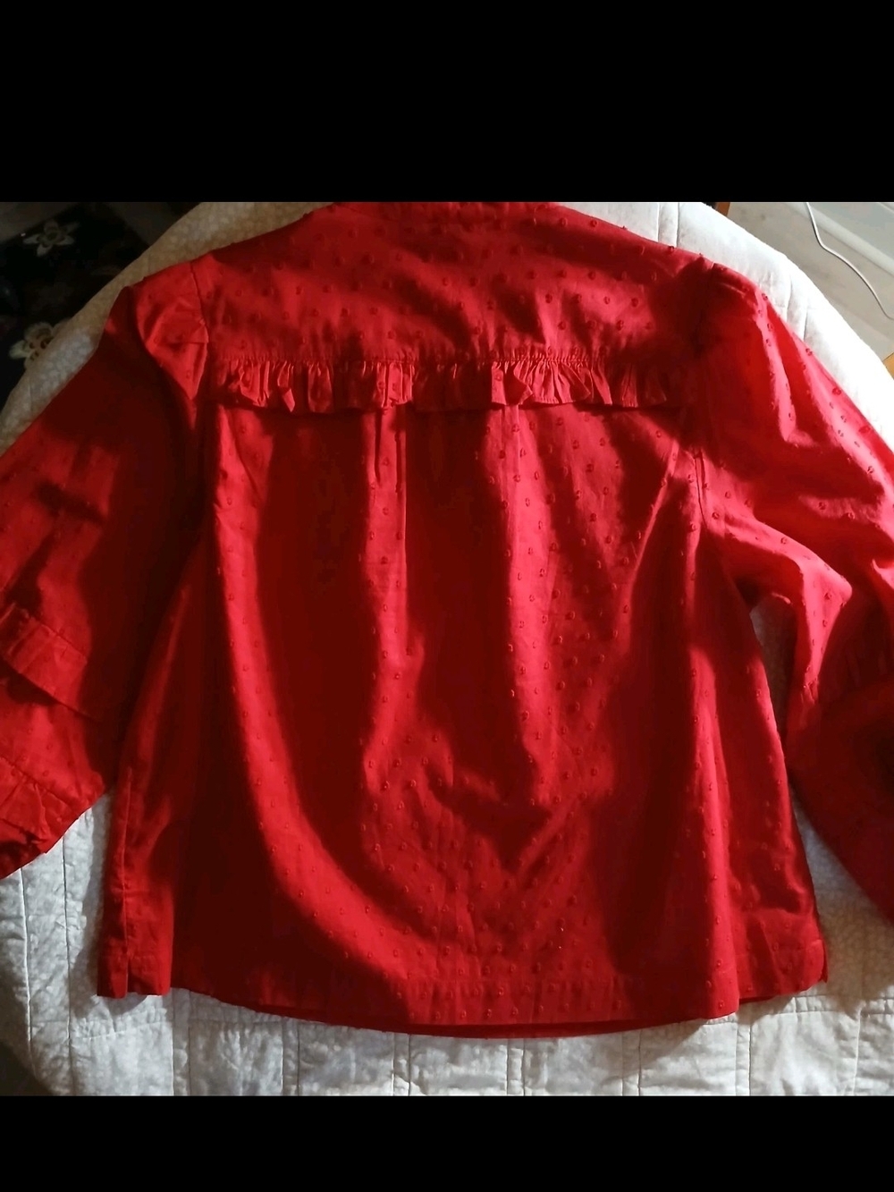 Crown & Ivy Red Ruffle-Front Top Button Blouse With Ruffle Neck And Sleeves - Picture 4 of 16